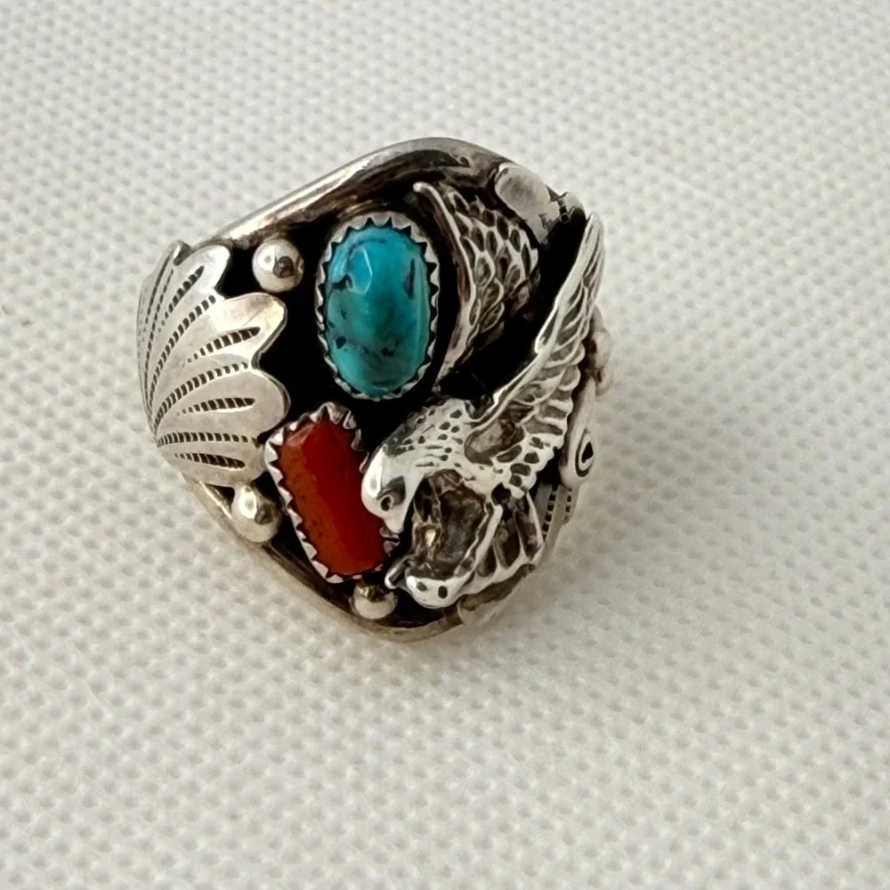 Richard Begay Navajo Eagle Ring Turquoise Coral Sterling Silver Size 13